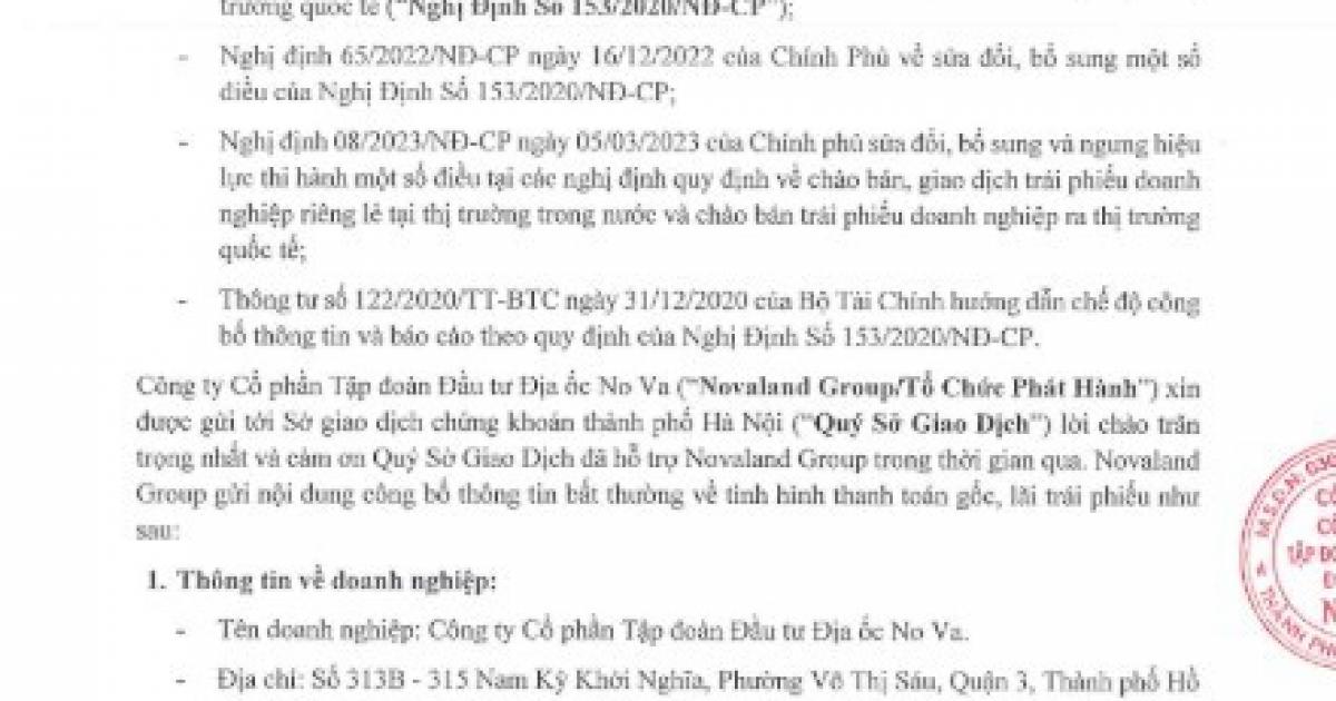 Novaland (NVL) xin 'khất' thanh toán 170 tỷ đồng tiền gốc và lãi trái phiếu