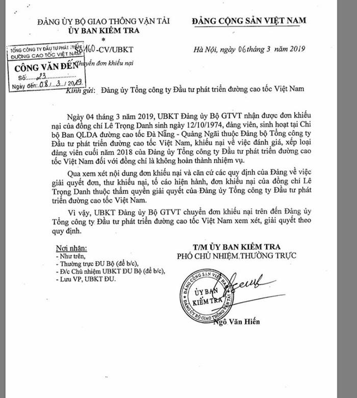 Đảng uỷ Bộ GTVT chuyển đơn khiếu nại của kỹ sư Lê Trọng Danh về VEC