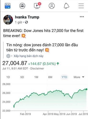 Trump và con gái lên mạng xã hội ăn mừng khi Dow Jones vượt mốc lịch sử