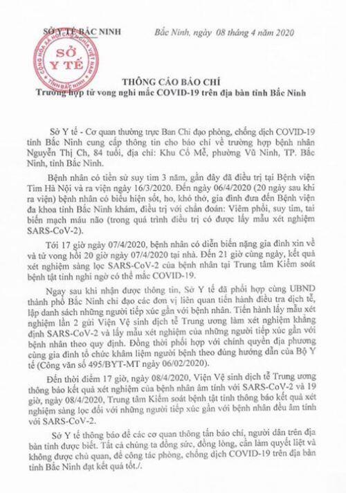 Thông tin chính thức về người tử vong nghi mắc COVID–19 ở Bắc Ninh