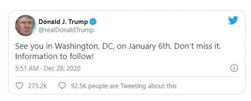Ông Trump đăng tweet gây tò mò: "Hẹn gặp vào ngày 6/1. Đừng bỏ lỡ!" - Điều gì sẽ xảy ra?
