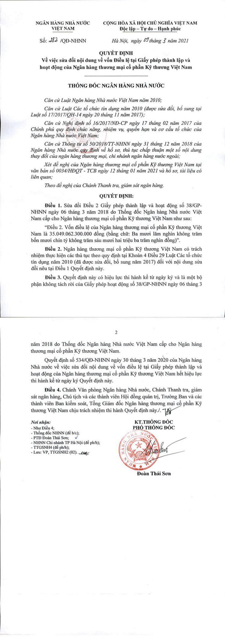Ngân hàng TMCP Kỹ thương Việt Nam thông báo về việc sửa đổi vốn điều lệ trên giấy phép
