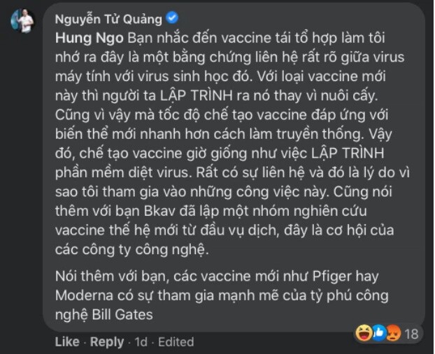 CEO Nguyễn Tử Quảng xác nhận BKAV đang nghiên cứu vaccine, cho rằng chế tạo vaccine giống lập trình phần mềm diệt virus