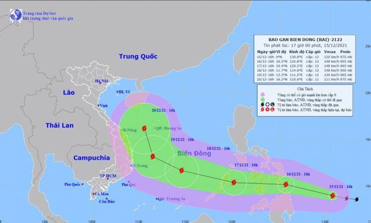 Bão Rai có cường độ mạnh và đi vào Biển Đông khoảng đêm 17/12