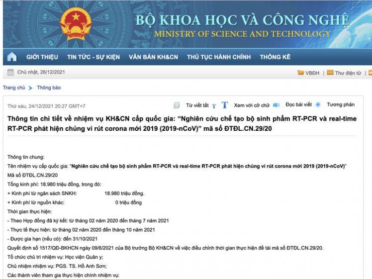 Bộ KH&CN: Kit xét nghiệm của Công ty Việt Á có kinh phí 18,98 tỷ đồng
