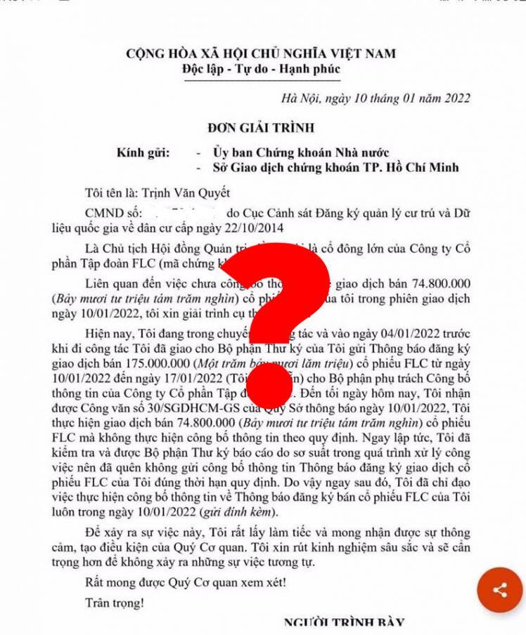 Thực hư văn bản ông Trịnh Văn Quyết giải trình bán chui cổ phiếu do sơ suất của Bộ phận Thư ký
