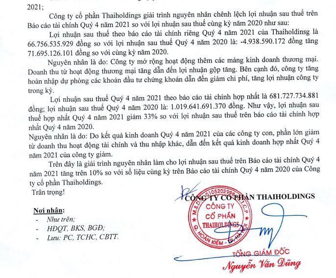 Thaiholdings của bầu Thụy báo lãi 680 tỷ đồng trong Q4/2021