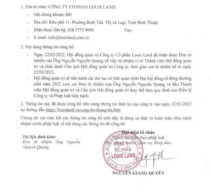 Ông Nguyễn Nguyên Quang bất ngờ xin rút lui khỏi HĐQT Louis Land