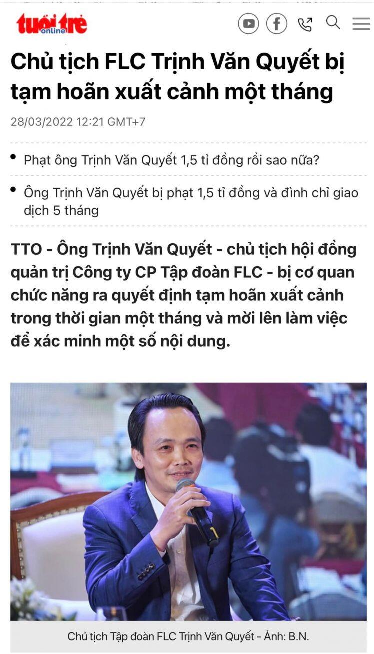 Ông Trịnh Văn Quyết, Chủ tịch FLC bị tạm hoãn xuất nhập cảnh một tháng