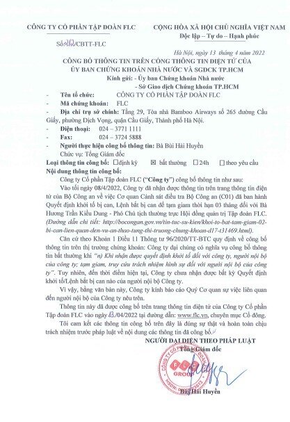 Tập đoàn FLC chưa nhận được bất kỳ Quyết định khởi tố, Lệnh bắt bị can nào liên quan đến PCT Hương Trần Kiều Dung