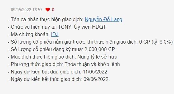 Ông Nguyễn Đỗ Lăng đăng ký mua cùng lúc 2 triệu cp IDJ