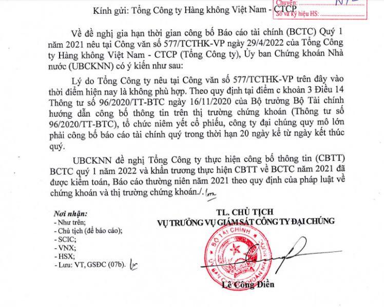 UBCKNN không chấp thuận cho Vietnam Airlines hoãn nộp BCTC