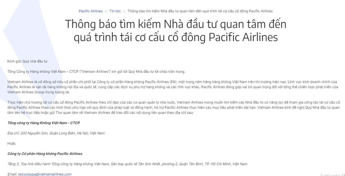 Vietnam Airlines muốn tìm kiếm nhà đầu tư tham gia tái cơ cấu Pacific Airlines