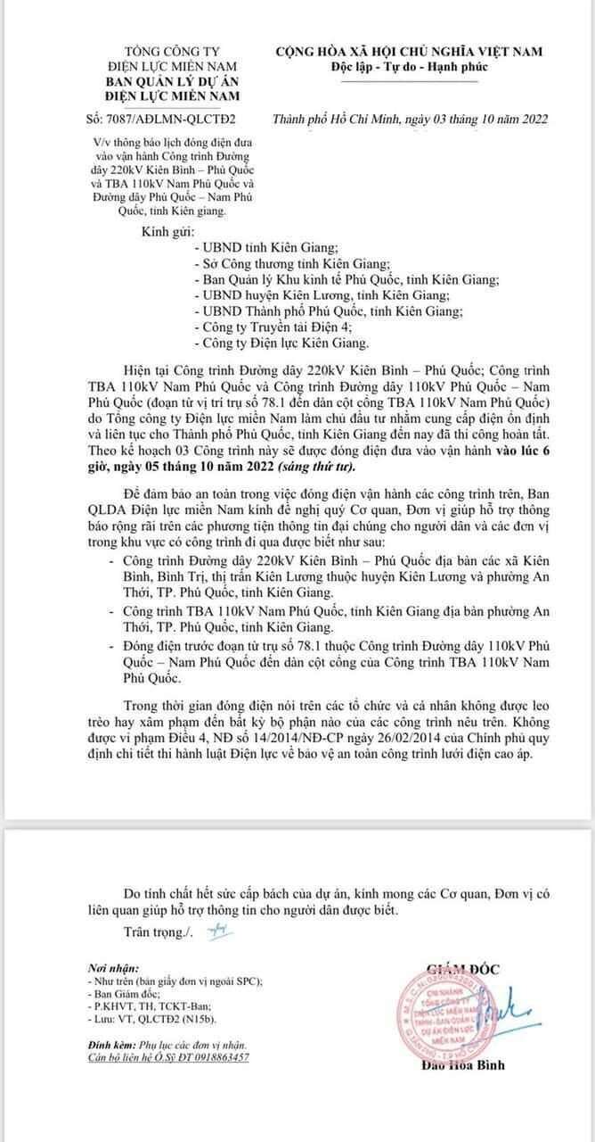 DẤU MỐC CHUYỂN MÌNH CỦA PHÚ QUỐC. NGÀY 5/10/2022: ĐÓNG ĐIỆN, ĐƯA VÀO VẬN HÀNH ĐƯỜNG DÂY 220kV KIÊN BÌNH  ...