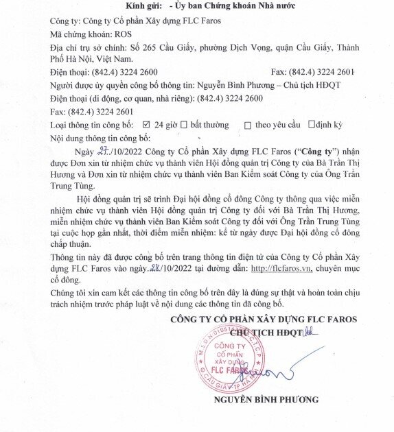 FLC Faros (ROS): Bà Trần Thị Hương xin từ nhiệm thành viên HĐQT