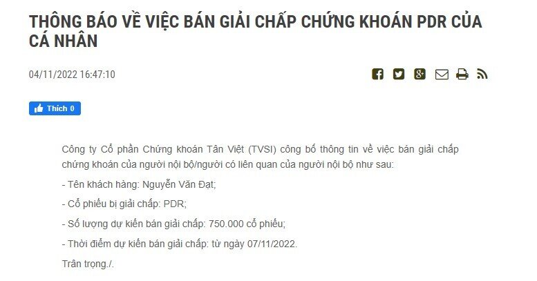 Chủ tịch PDR bị bán giải chấp cổ phiếu