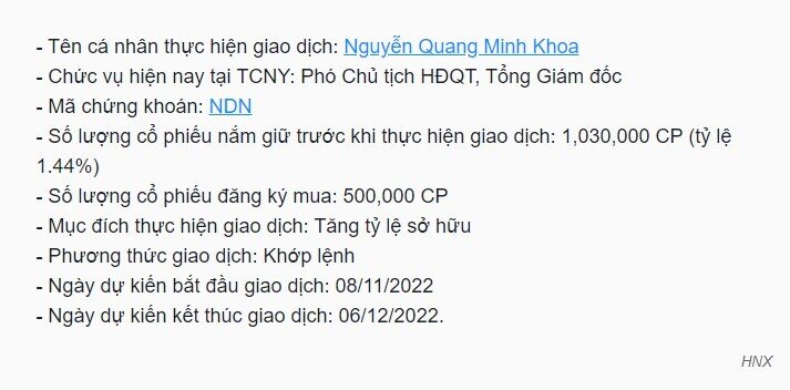 Nhà Đà Nẵng (NDN): TGĐ đăng ký mua 500.000 cp