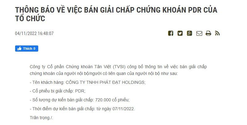 Chủ tịch PDR bị bán giải chấp cổ phiếu