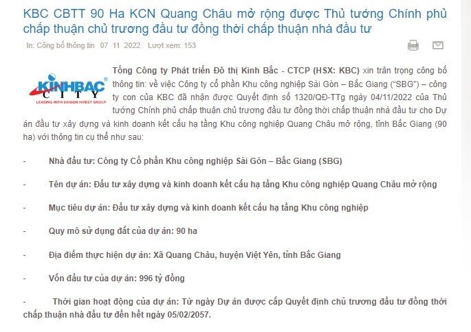 KBC được Thủ tướng chấp thuận cho mở rộng KCN Quang Châu