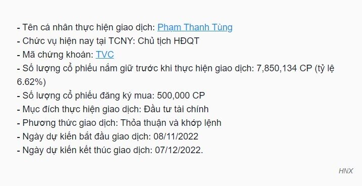 TVC: Chủ tịch đăng ký mua 500.000 cp