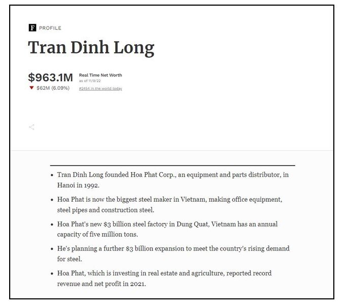 Ông Trần Đình Long chính thức rớt khỏi danh sách tỷ phú USD