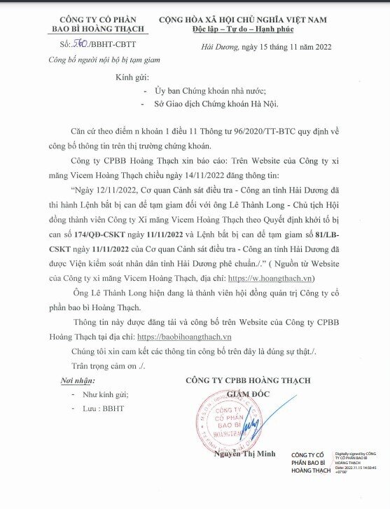 Bắt tạm giam Chủ tịch HĐQT Xi măng Vicem Hoàng Thạch
