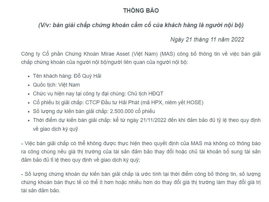 MAS và MBS tiếp tục bán giải chấp hàng triệu cổ phiếu HPX