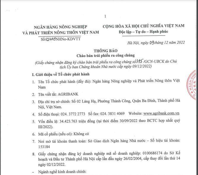 Agribank thông báo phát hành trái phiếu ra công chúng năm 2022