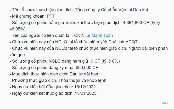 Cổ đông lớn đăng ký mua 600.000 cổ phiếu PTT