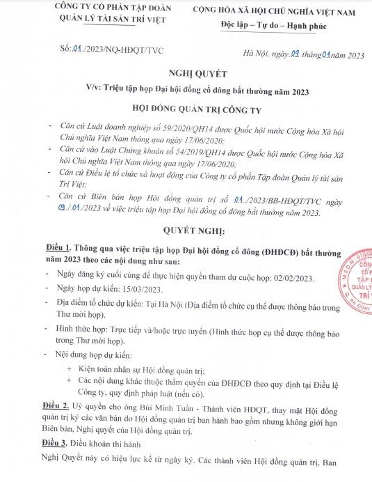 TVC triệu tập ĐHCĐ bất thường