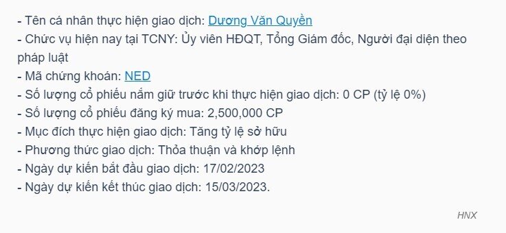 TGĐ đăng ký mua 2,5 triệu cổ phiếu NED