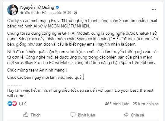 Ông Nguyễn Tử Quảng nói BKAV thành công chặn Spam bằng công nghệ tương tự ChatGPT