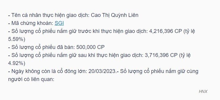 Bà Cao Thị Quỳnh Liên không còn là cổ đông lớn của SGI