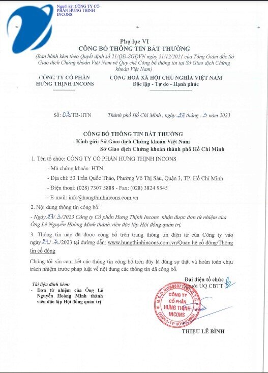 Thành viên độc lập HĐQT Hưng Thịnh Incons xin từ nhiệm