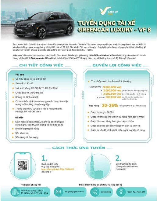 Công ty taxi điện của ông Phạm Nhật Vượng tìm đối tác tài xế Greencar Luxury VF8