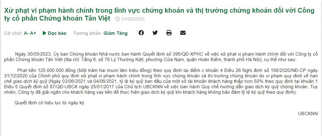 Chứng khoán Tân Việt bị UBCKNN phạt 125 triệu đồng