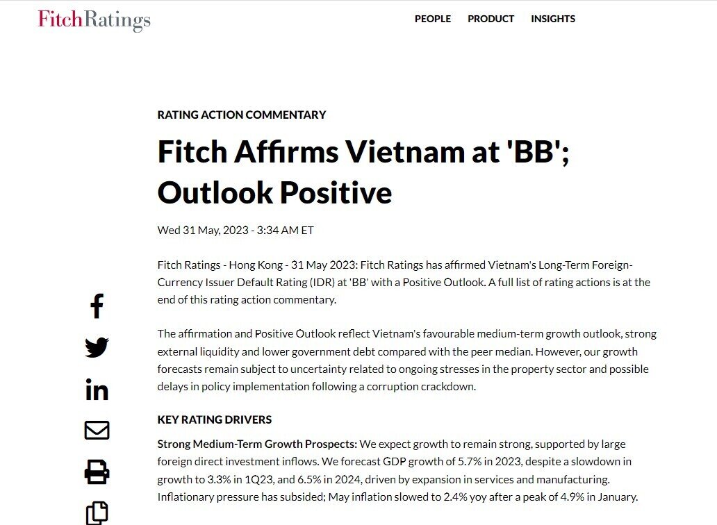 Fitch Ratings xếp hạng tín nhiệm Việt Nam ở mức ‘tích cực’