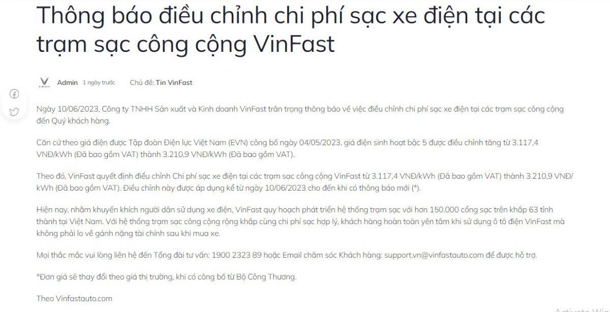 VinFast thông báo tăng phí sạc xe điện