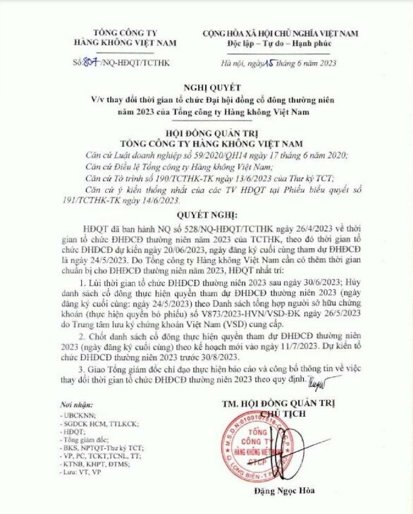 Vietnam Airlines (HVN) bất ngờ thông báo lùi lịch họp ĐHĐCĐ sang tháng 8