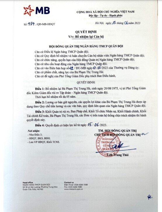 Bà Phạm Thị Trung Hà được tái bổ nhiệm làm Phó TGĐ MBBank