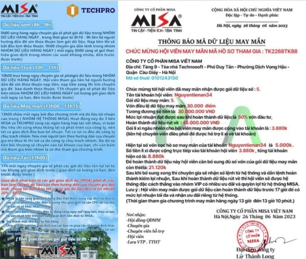 MISA bị giả mạo để kêu gọi đầu tư với mức lợi nhuận 50%