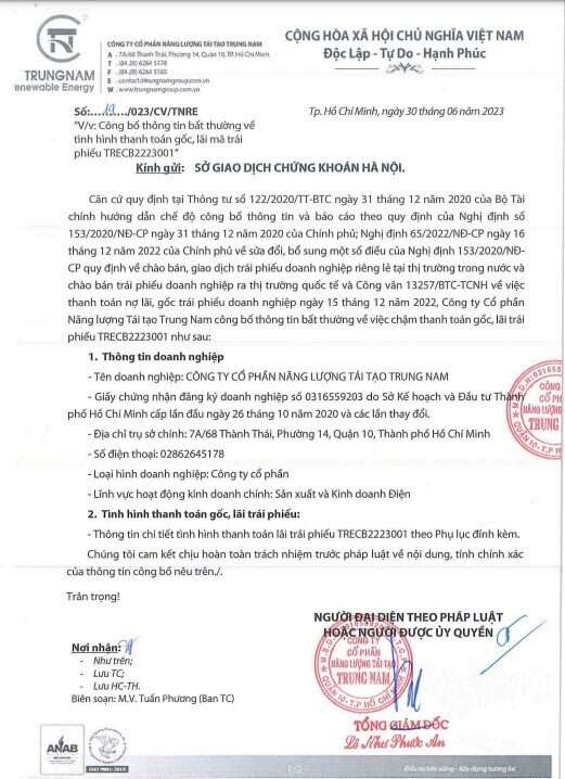 Công ty con của TrungNam xin lùi ngày thanh toán nợ trái phiếu