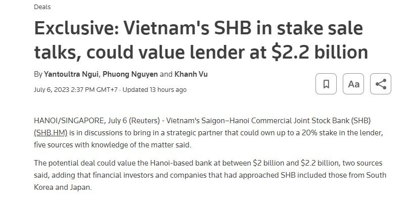 SHB đang đàm phán bán 20% vốn cho đối tác ngoại, định giá có thể đạt 2,2 tỷ USD