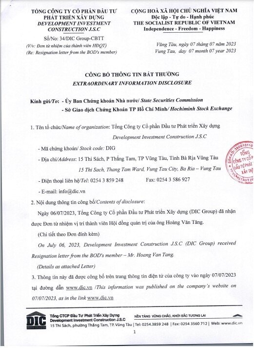 Ông Hoàng Văn Tăng xin rút khỏi HĐQT DIC Corp (DIG)