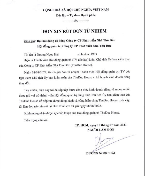 Ông Dương Ngọc Hải bất ngờ rút đơn từ nhiệm Thành viên HĐQT TDH