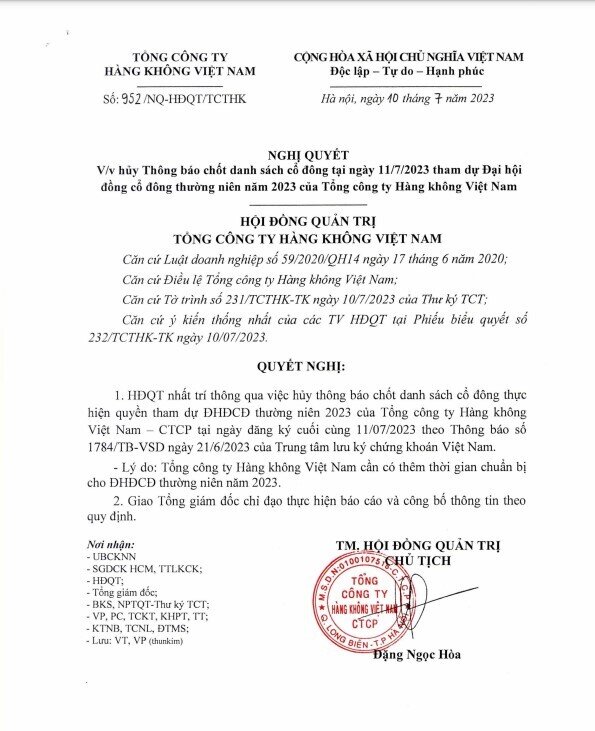 Vietnam Airlines (HVN) lại hủy danh sách chốt quyền tham dự ĐHĐCĐ thường niên 2023