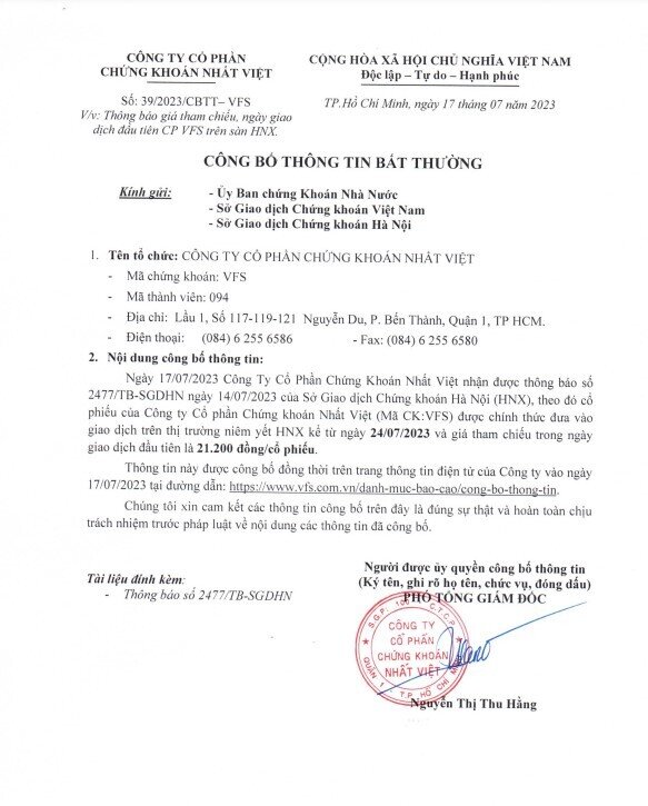 Chứng khoán Nhất Việt (VFS) chính thức chuyển niêm yết sang HNX