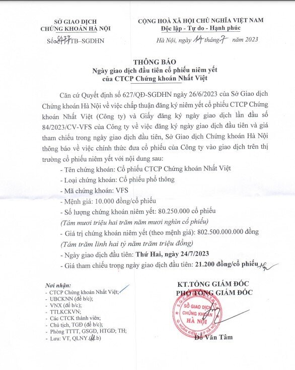 Chứng khoán Nhất Việt (VFS) chính thức chuyển niêm yết sang HNX