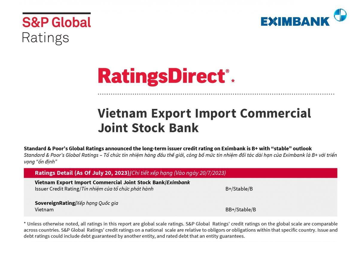 S&P Global Ratings giữ nguyên mức tín nhiệm đối tác dài hạn của Eximbank