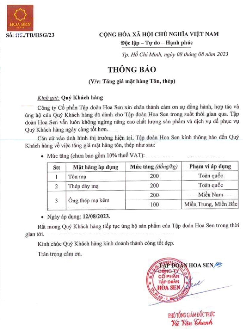 Hoa Sen tăng giá ống thép, tôn mạ từ ngày 12/8
